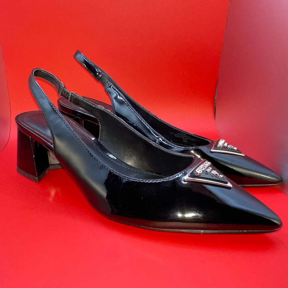 Guess Gweanda Black Patent Slingback Block Heel Pumps Size 6.5M